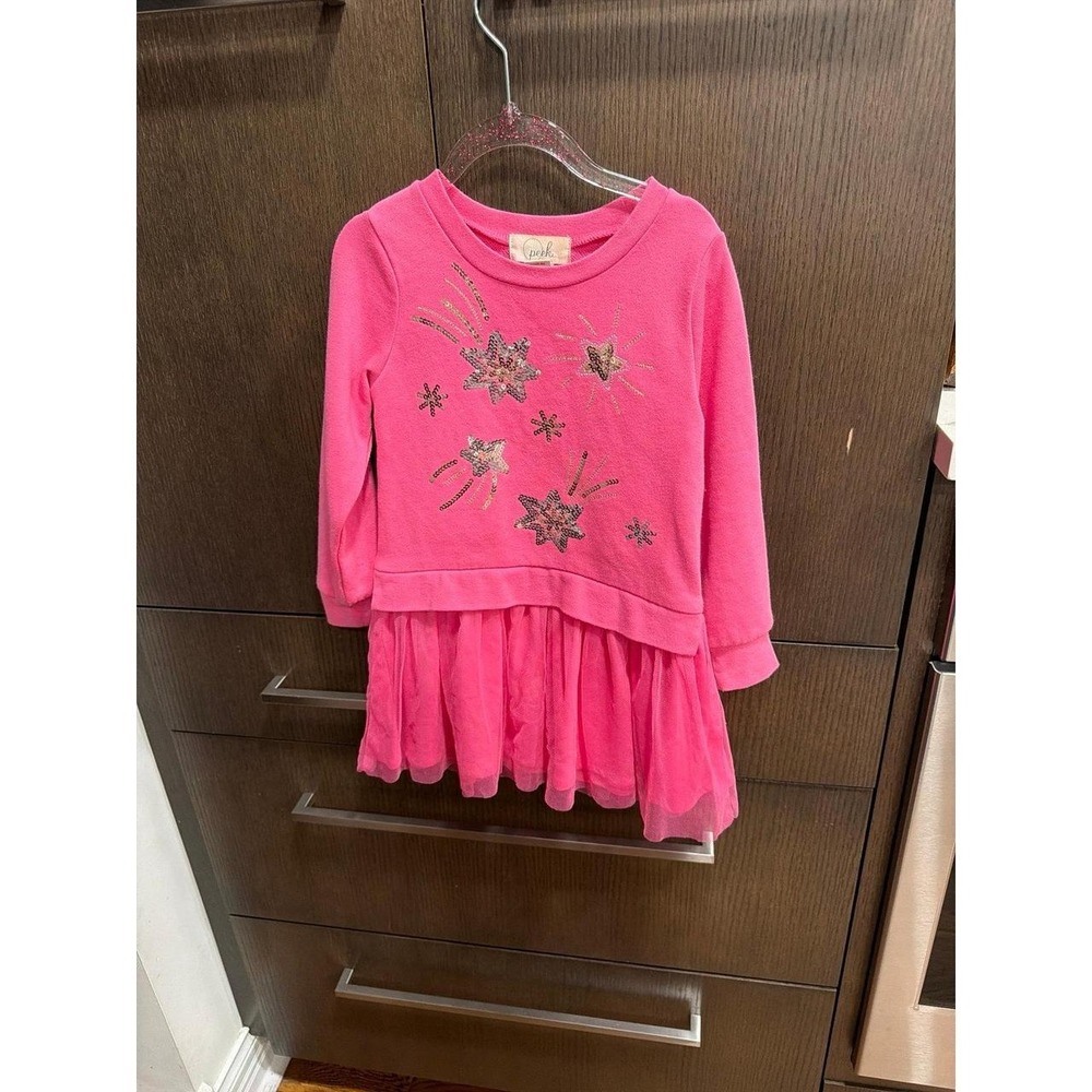 Peek Girl's Size 4t Bright Pink Tutu Dress With Gold Stars On Front